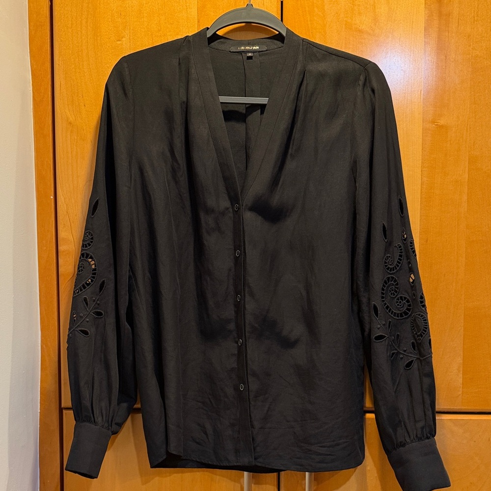 Kobi Halperin Black Eyelet Sleeve Linen Blouse